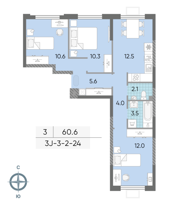 3 ккв 60,8 м²