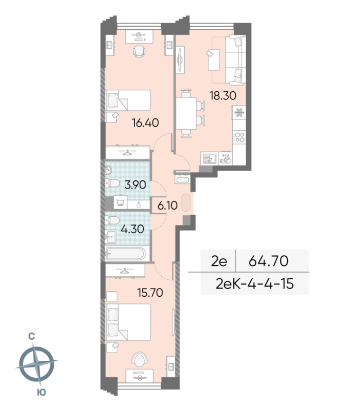 3 ккв (Евро) 64,7 м²