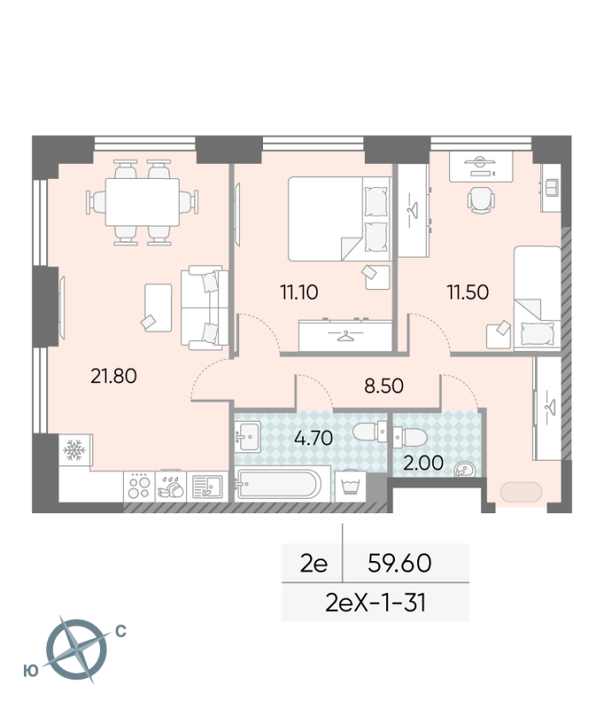 3 ккв (Евро) 59,6 м²