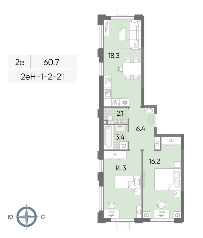3 ккв (Евро) 60,7 м²