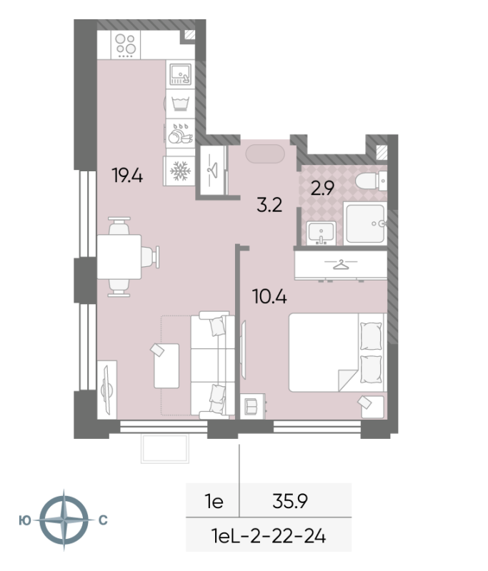 2 ккв (Евро) 35,9 м²