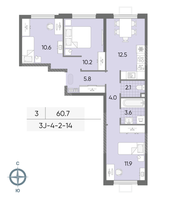 3 ккв 60,7 м²