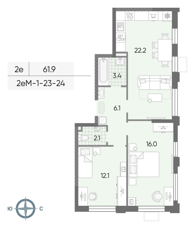3 ккв (Евро) 61,9 м²