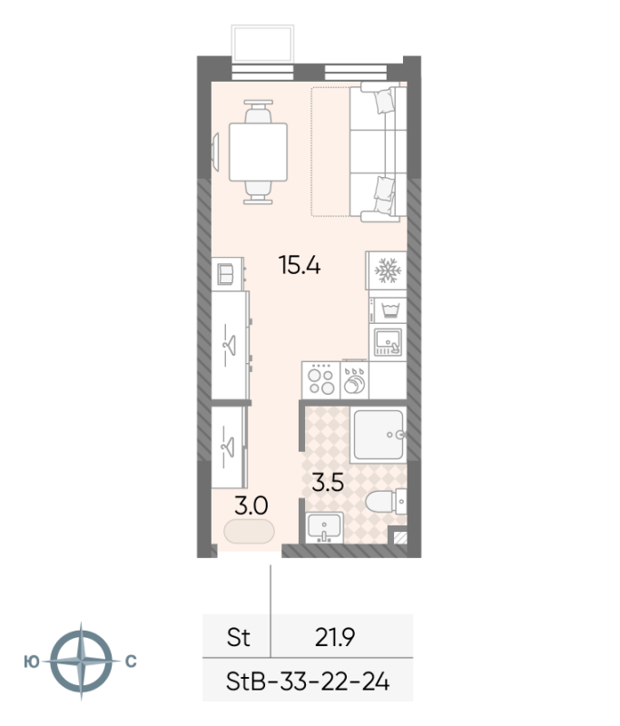 Студия 21,9 м²