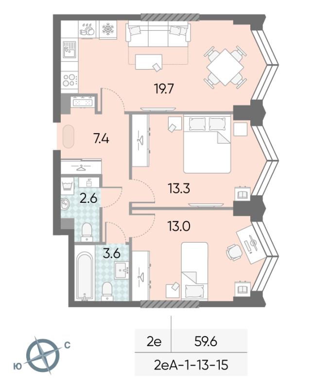 3 ккв (Евро) 59,6 м²