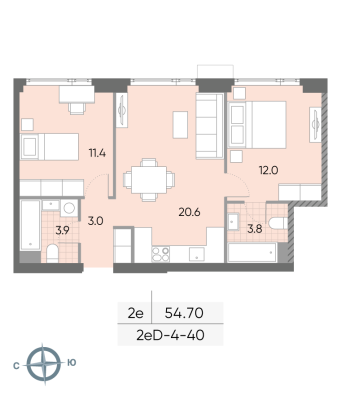 3 ккв (Евро) 55,1 м²
