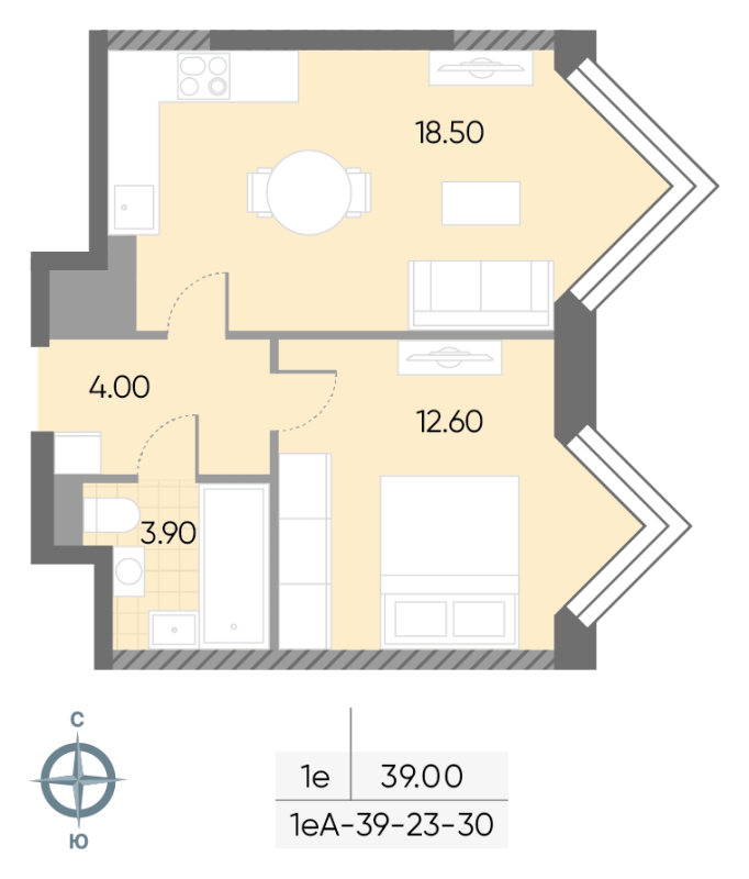 2 ккв (Евро) 39 м²