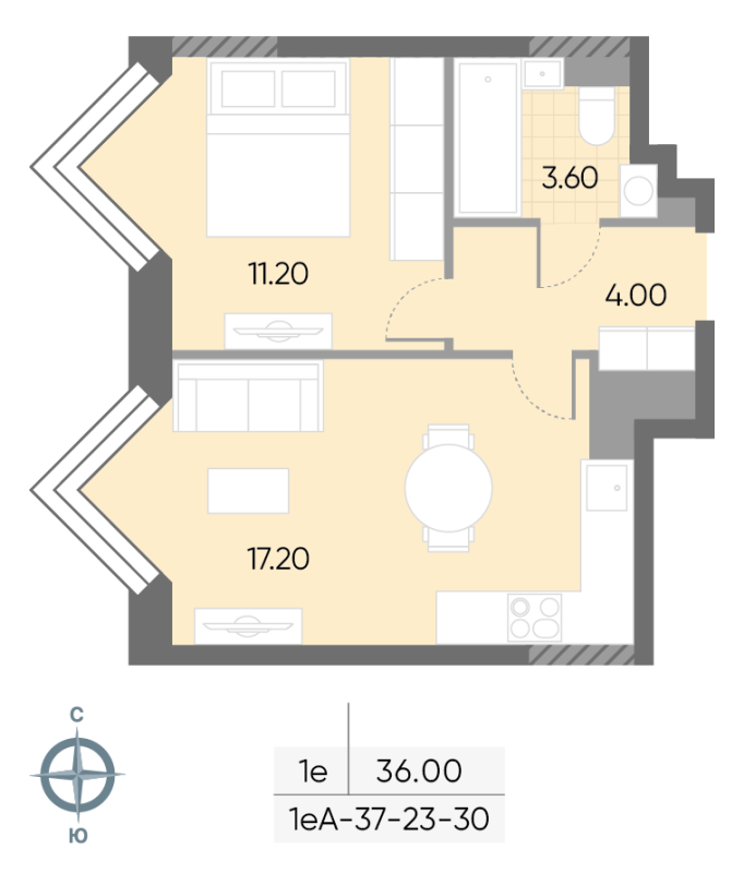 2 ккв (Евро) 36 м²