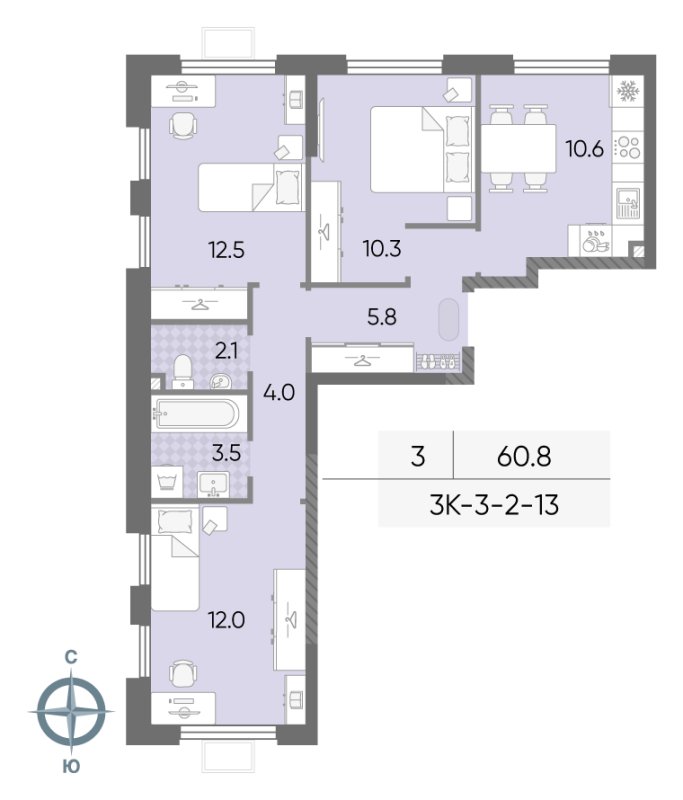 3 ккв 60,8 м²
