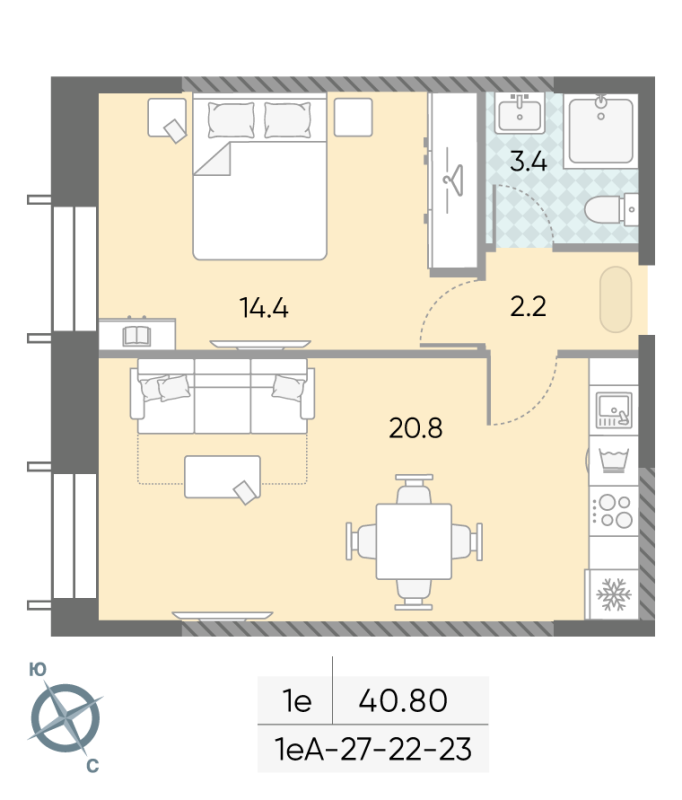 2 ккв (Евро) 40,7 м²