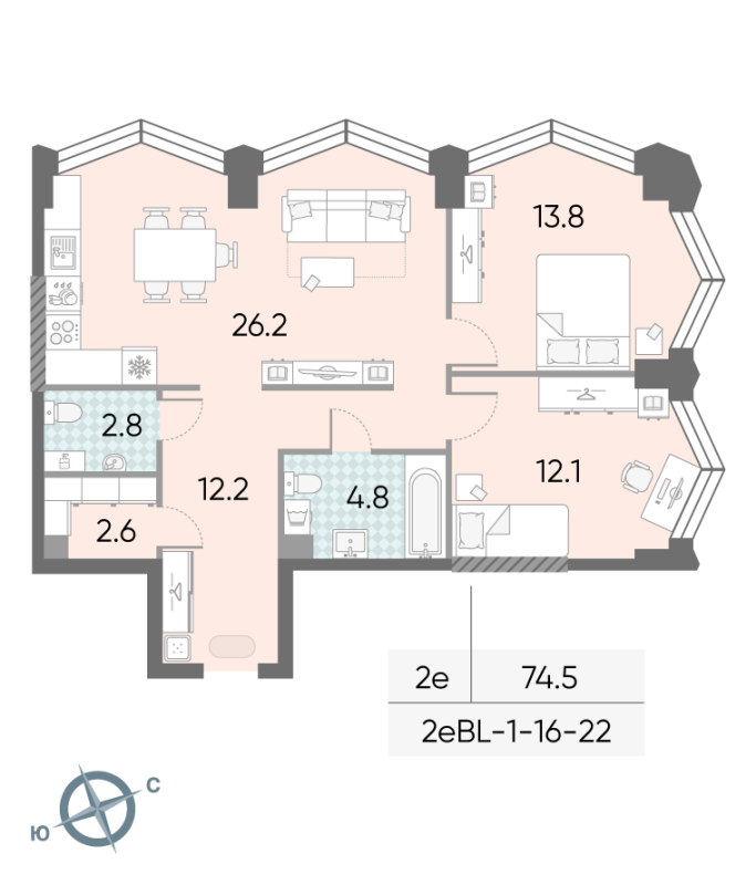 3 ккв (Евро) 74,5 м²