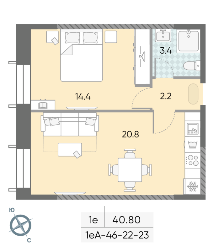 2 ккв (Евро) 40,8 м²