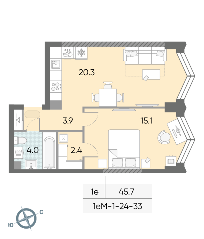 2 ккв (Евро) 45,7 м²