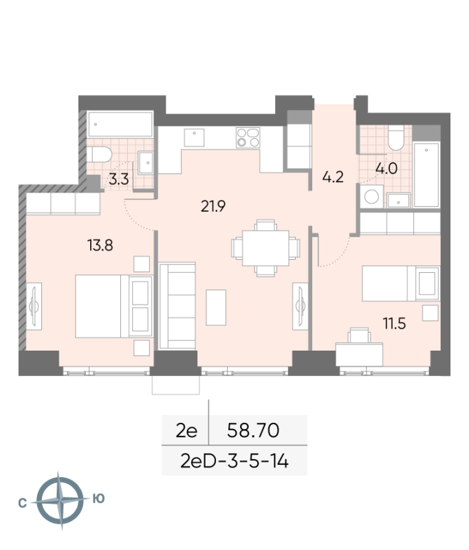 3 ккв (Евро) 59,1 м²