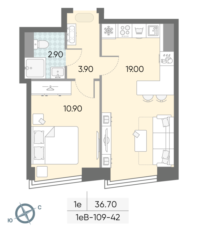 2 ккв (Евро) 36,7 м²
