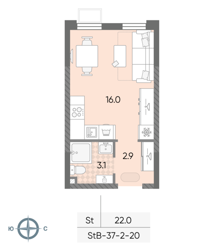 Студия 22 м²