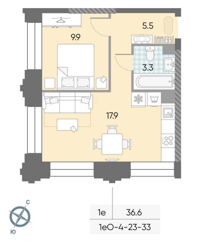 2 ккв (Евро) 36,6 м²