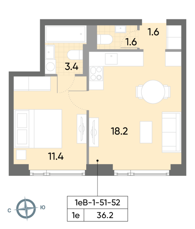 2 ккв (Евро) 36,4 м²