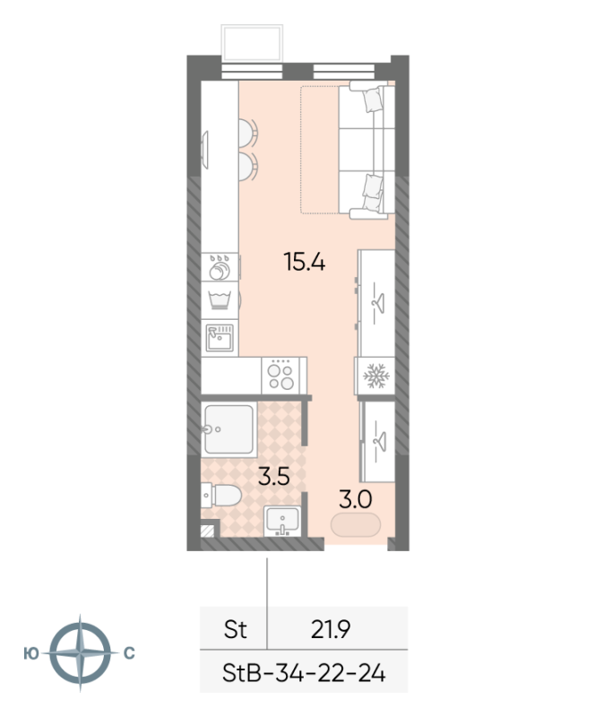 Студия 21,9 м²