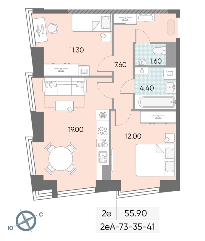 3 ккв (Евро) 55,9 м²