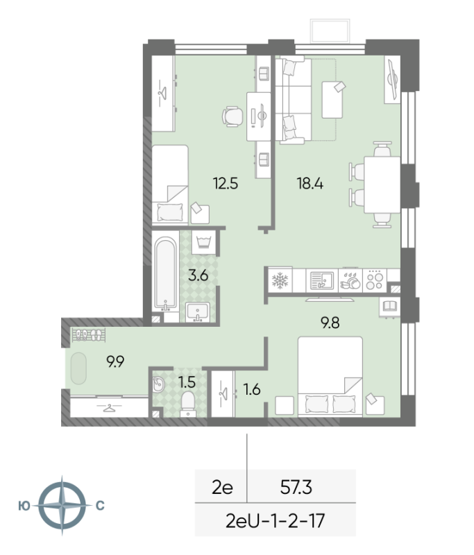 3 ккв (Евро) 57,3 м²