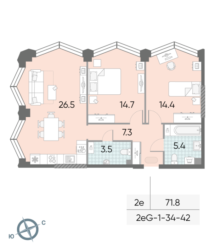 3 ккв (Евро) 71,8 м²