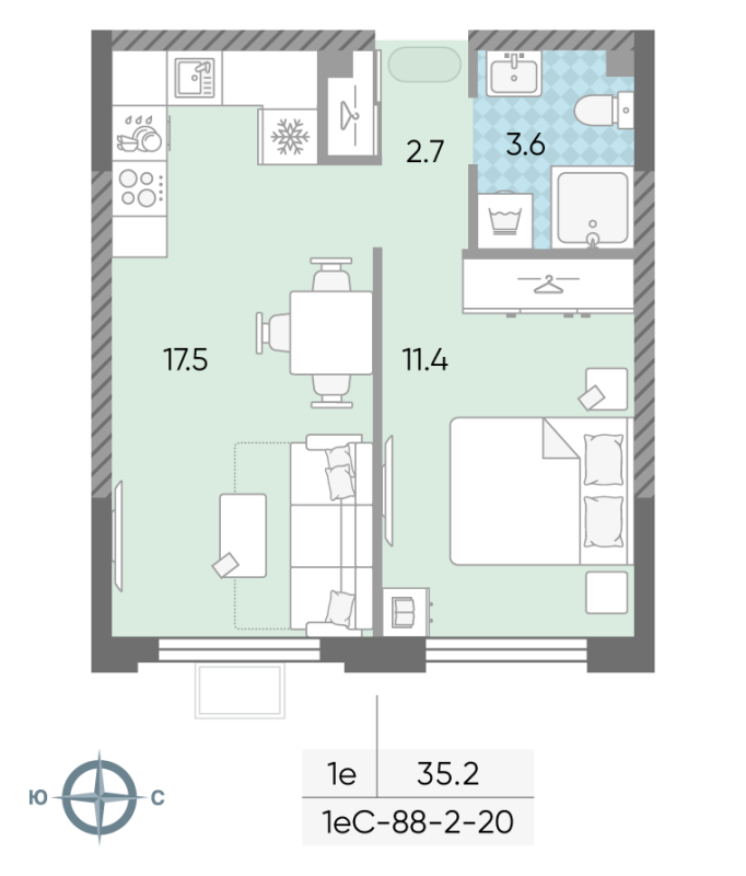 2 ккв (Евро) 34,9 м²