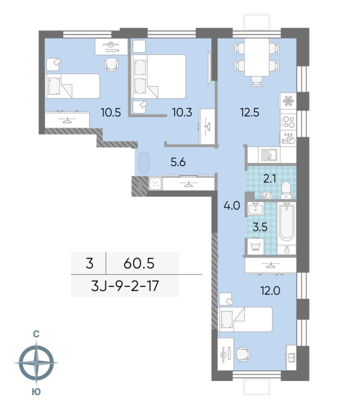 3 ккв 60,8 м²
