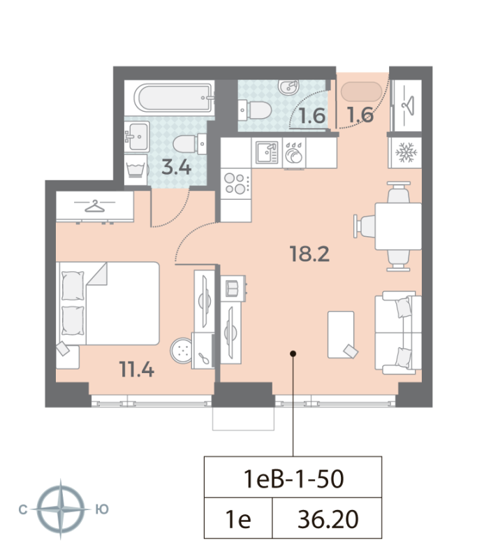 2 ккв (Евро) 36,4 м²