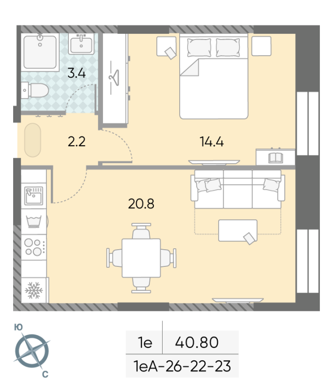 2 ккв (Евро) 41,4 м²