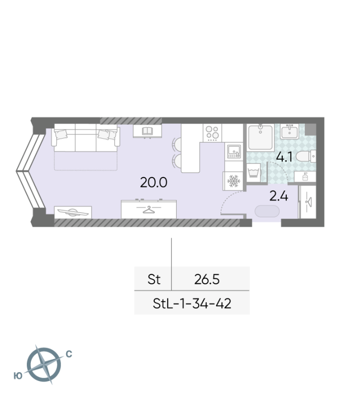 Студия 26,5 м²