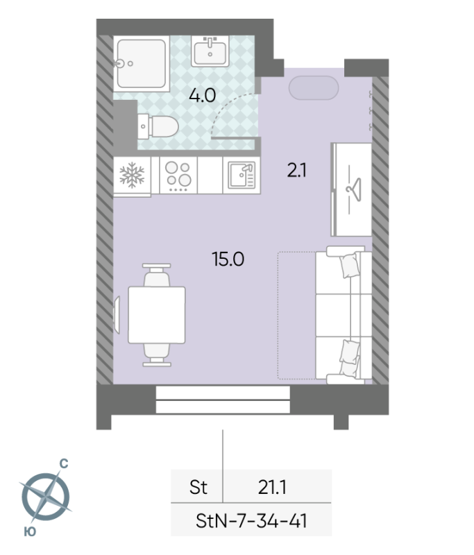 Студия 21,1 м²