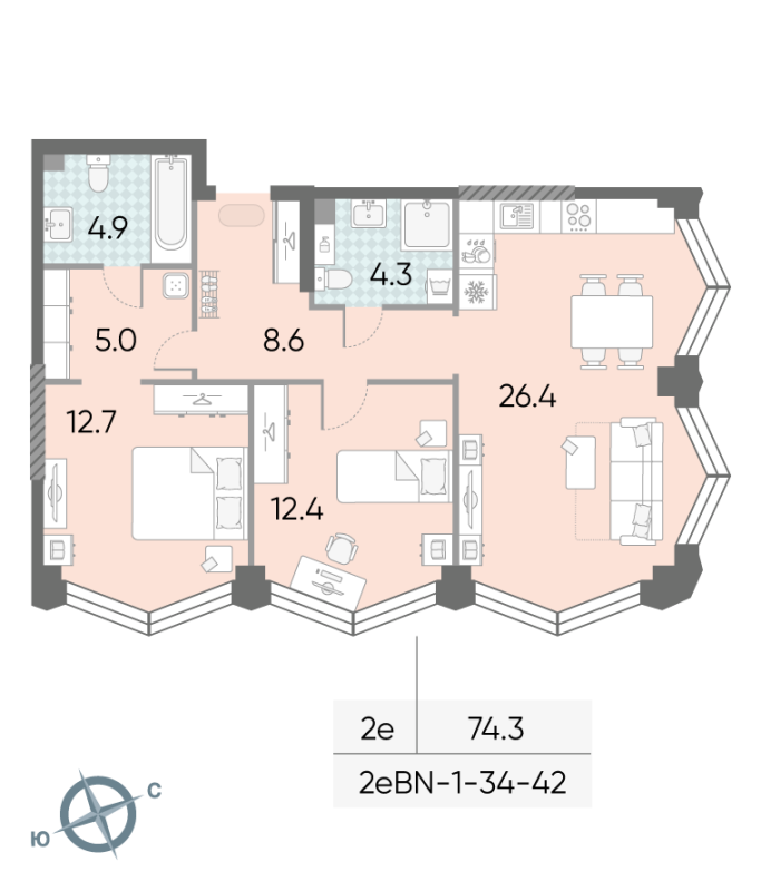 3 ккв (Евро) 74,3 м²