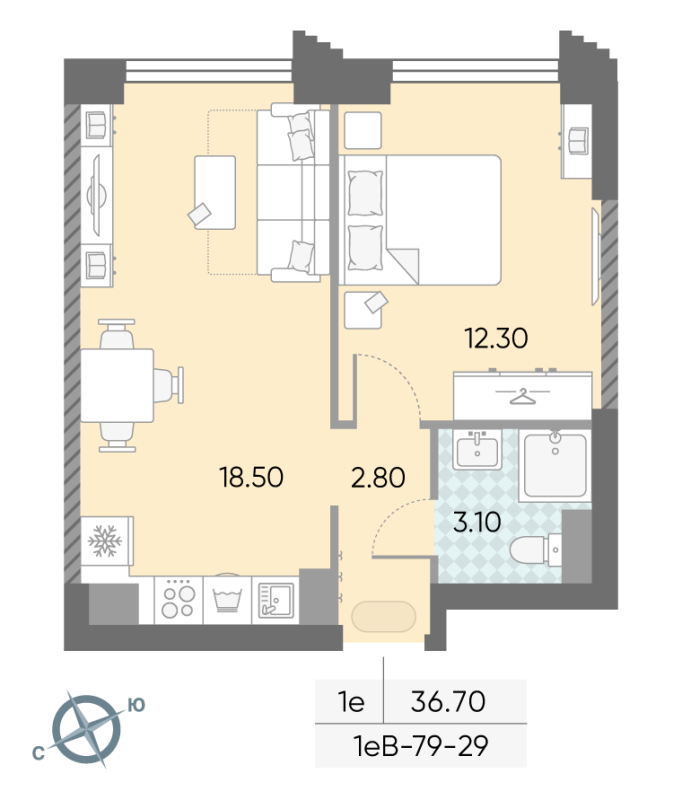 2 ккв (Евро) 36,7 м²