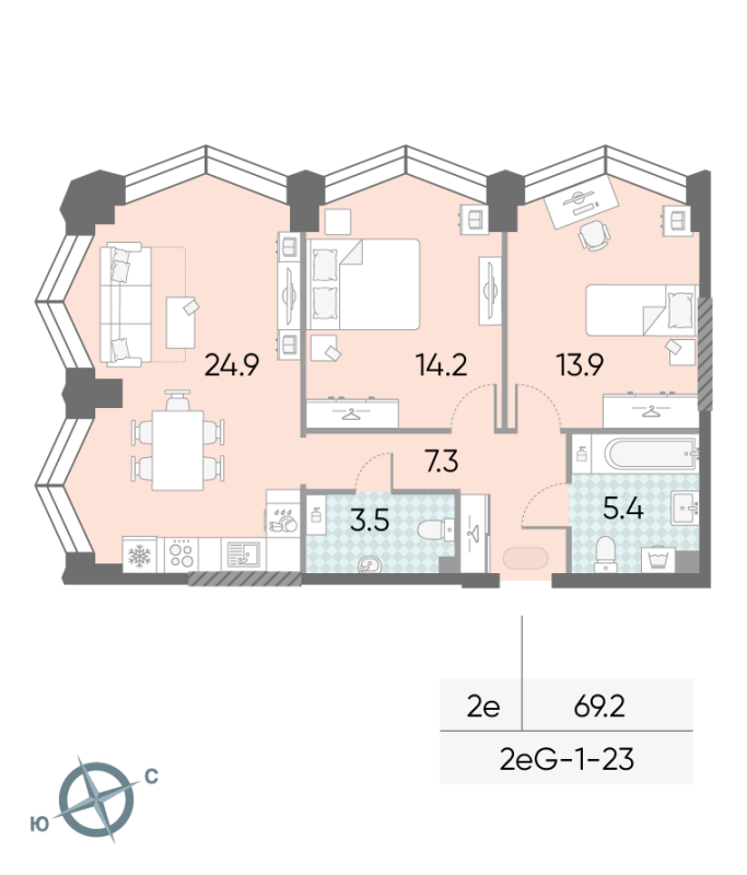 3 ккв (Евро) 69,2 м²