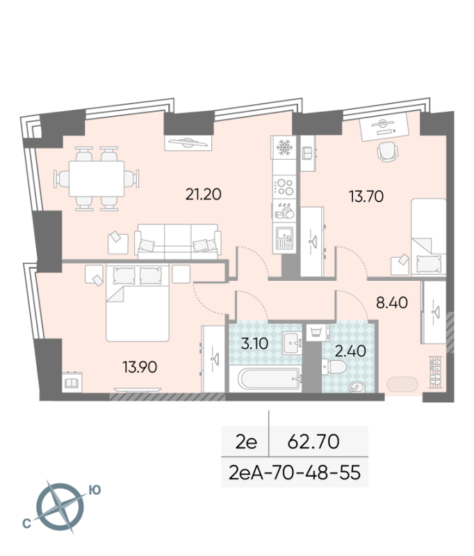 3 ккв (Евро) 62,7 м²