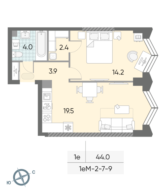 2 ккв (Евро) 44 м²