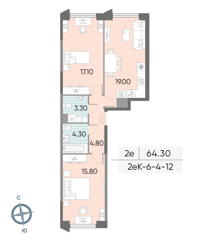 3 ккв (Евро) 64,3 м²