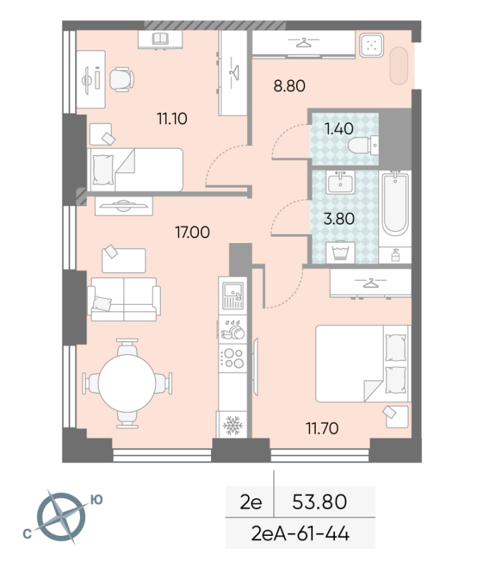 3 ккв (Евро) 53,8 м²