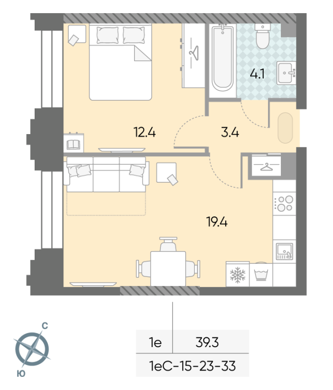 2 ккв (Евро) 39,3 м²