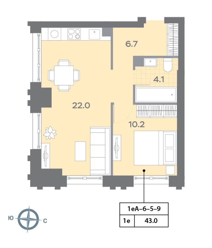 2 ккв (Евро) 42,9 м²