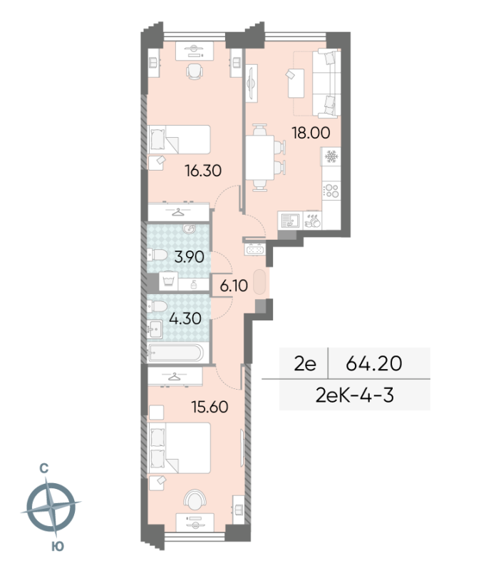 3 ккв (Евро) 64,2 м²