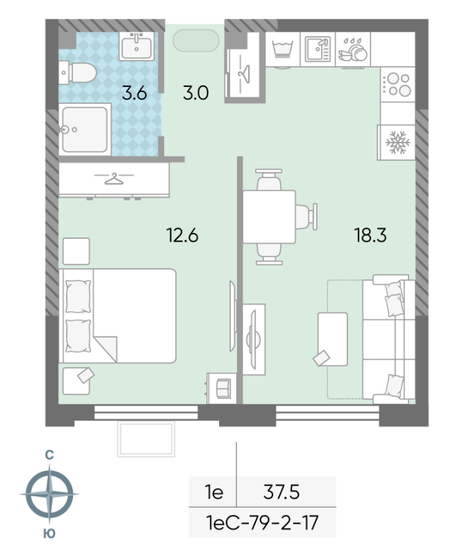 2 ккв (Евро) 37,5 м²
