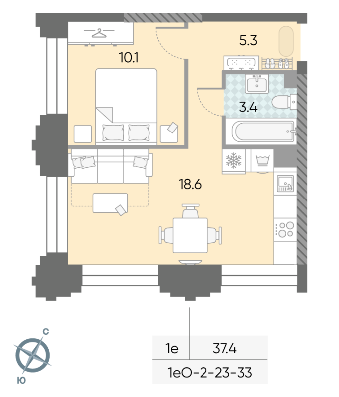 2 ккв (Евро) 37,4 м²