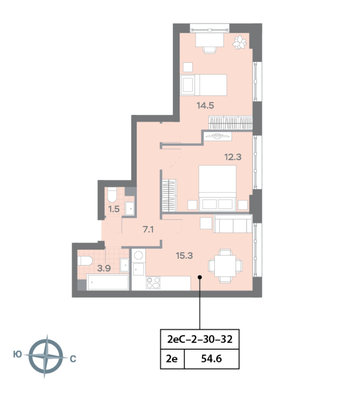 3 ккв (Евро) 54,7 м²