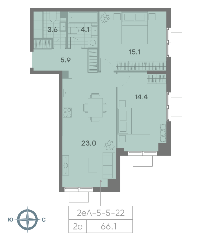 3 ккв (Евро) 66,1 м²