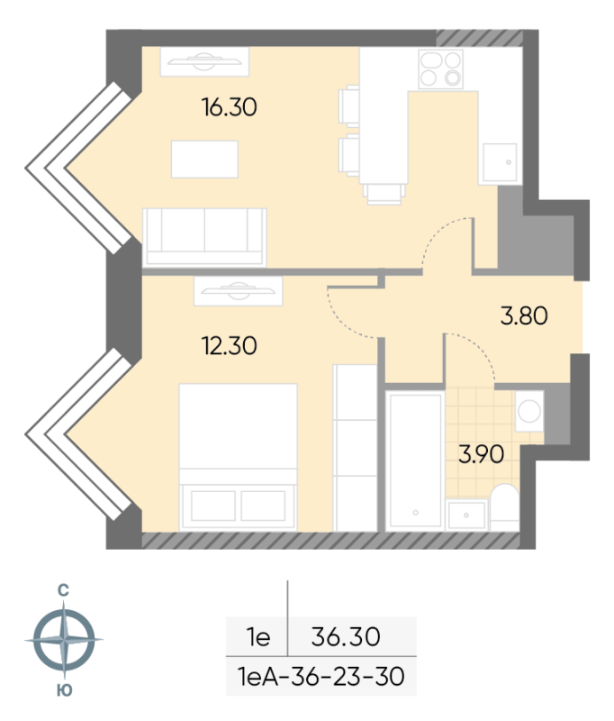 2 ккв (Евро) 36,3 м²
