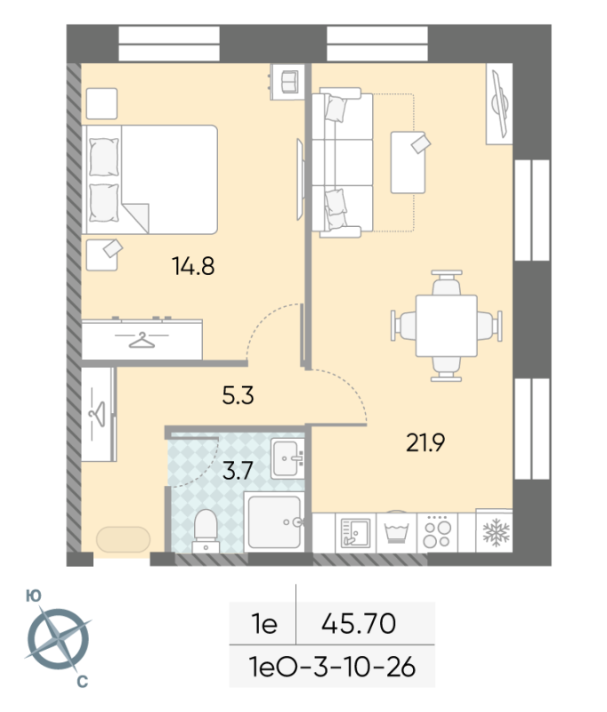 2 ккв (Евро) 45,7 м²
