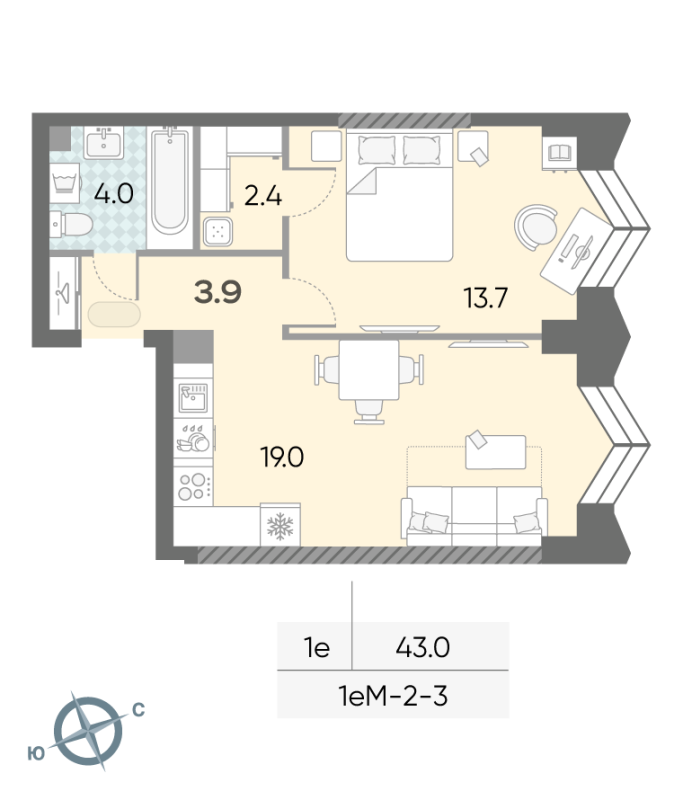 2 ккв (Евро) 43 м²