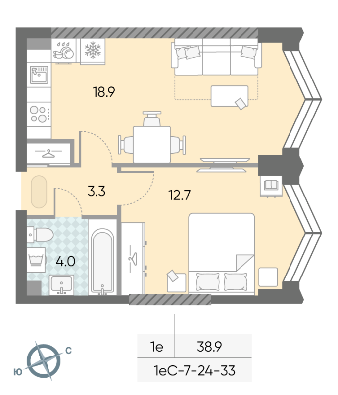 2 ккв (Евро) 38,9 м²
